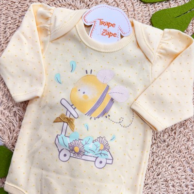 Kit 3 Peças - Bodys Manga Longa Bem Me Quer Abelhas - Amarelo, Off White e Mostarda